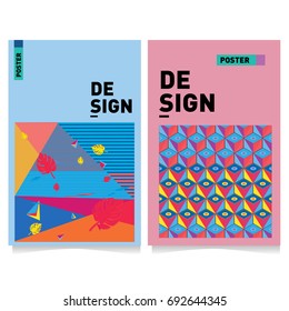 Flat color covers set. Colorful geometric shapes with typography poster design template. Trendy design and colorful summer theme. 