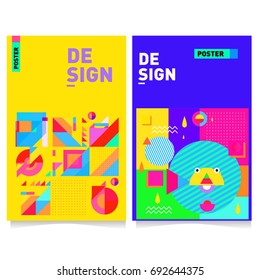 Flat color covers set. Colorful geometric shapes with typography poster design template. Trendy design and colorful summer theme. 