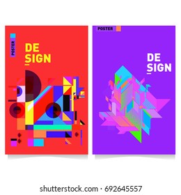 Flat color covers set. Colorful geometric shapes with typography poster design template. Trendy design and colorful summer theme. 