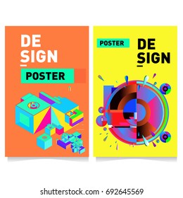 Flat color covers set. Colorful geometric shapes with typography poster design template. Trendy design and colorful summer theme. 