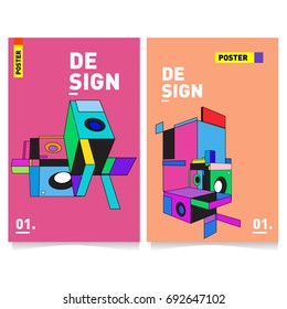 Flat color covers set. Colorful geometric shapes with typography poster design template. Trendy design and colorful summer theme. 