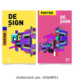 Flat color covers set. Colorful Abstract geometric 3d shapes with typography poster design template. Trendy design and colorful summer theme. 