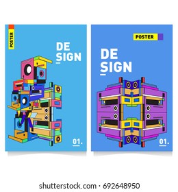 Flat color covers set. Colorful Abstract geometric 3d shapes with typography poster design template. Trendy design and colorful summer theme. 