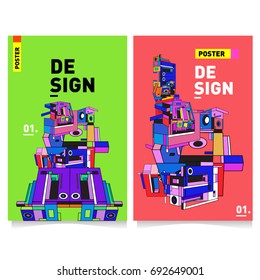 Flat color covers set. Colorful Abstract geometric 3d shapes with typography poster design template. Trendy design and colorful summer theme. 