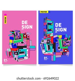 Flat color covers set. Colorful Abstract geometric 3d shapes with typography poster design template. Trendy design and colorful summer theme. 