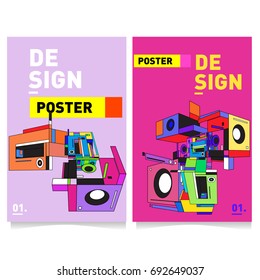 Flat color covers set. Colorful Abstract geometric 3d shapes with typography poster design template. Trendy design and colorful summer theme. 