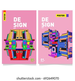 Flat color covers set. Colorful Abstract geometric 3d shapes with typography poster design template. Trendy design and colorful summer theme. 