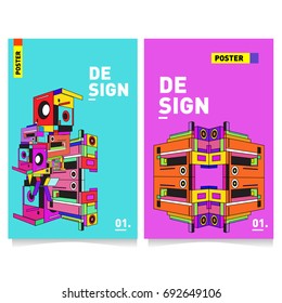 Flat color covers set. Colorful Abstract geometric 3d shapes with typography poster design template. Trendy design and colorful summer theme. 