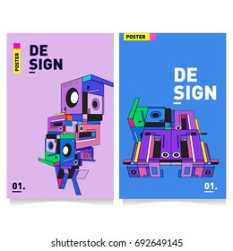 Flat color covers set. Colorful Abstract geometric 3d shapes with typography poster design template. Trendy design and colorful summer theme. 