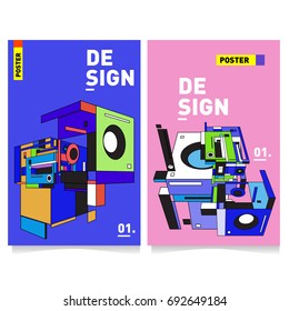 Flat color covers set. Colorful Abstract geometric 3d shapes with typography poster design template. Trendy design and colorful summer theme. 