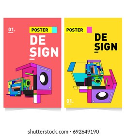 Flat color covers set. Colorful Abstract geometric 3d shapes with typography poster design template. Trendy design and colorful summer theme. 