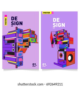Flat color covers set. Colorful Abstract geometric 3d shapes with typography poster design template. Trendy design and colorful summer theme. 