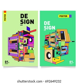 Flat color covers set. Colorful Abstract geometric 3d shapes with typography poster design template. Trendy design and colorful summer theme. 