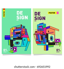Flat color covers set. Colorful Abstract geometric 3d shapes with typography poster design template. Trendy design and colorful summer theme. 