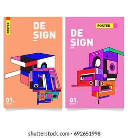 Flat color covers set. Colorful Abstract geometric 3d shapes with typography poster design template. Trendy design and colorful summer theme. 