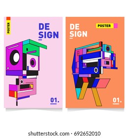 Flat color covers set. Colorful Abstract geometric 3d shapes with typography poster design template. Trendy design and colorful summer theme. 
