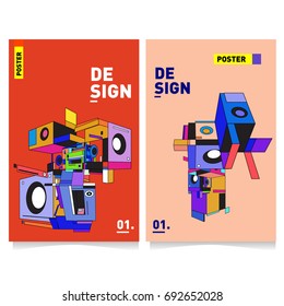 Flat color covers set. Colorful Abstract geometric 3d shapes with typography poster design template. Trendy design and colorful summer theme. 