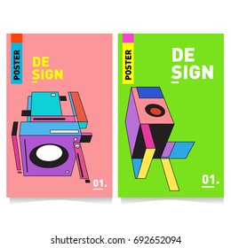 Flat color covers set. Colorful Abstract geometric 3d shapes with typography poster design template. Trendy design and colorful summer theme. 
