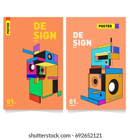 Flat color covers set. Colorful Abstract geometric 3d shapes with typography poster design template. Trendy design and colorful summer theme. 