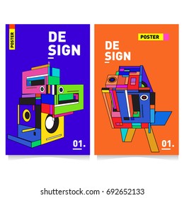 Flat color covers set. Colorful Abstract geometric 3d shapes with typography poster design template. Trendy design and colorful summer theme. 