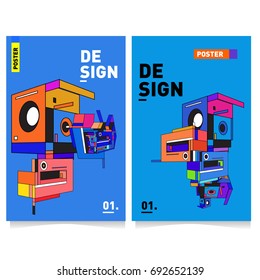 Flat color covers set. Colorful Abstract geometric 3d shapes with typography poster design template. Trendy design and colorful summer theme. 