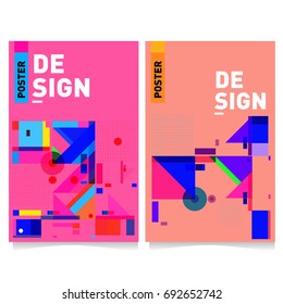 Flat color covers set. Colorful geometric shapes with typography poster design template. Trendy design and colorful summer theme. 