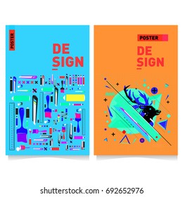Flat color covers set. Colorful geometric shapes with typography poster design template. Trendy design and colorful summer theme. 