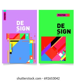 Flat color covers set. Colorful geometric shapes with typography poster design template. Trendy design and colorful summer theme. 