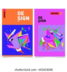 Flat color covers set. Colorful geometric shapes with typography poster design template. Trendy design and colorful summer theme. 
