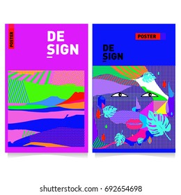 Flat color covers set. Colorful geometric shapes with typography poster design template. Trendy design and colorful summer theme. 