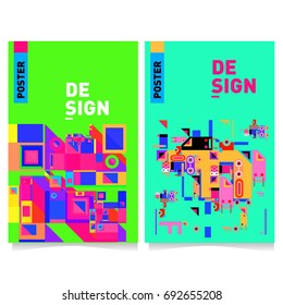 Flat color covers set. Colorful geometric shapes with typography poster design template. Trendy design and colorful summer theme. 