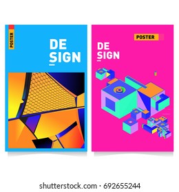 Flat color covers set. Colorful geometric shapes with typography poster design template. Trendy design and colorful summer theme. 