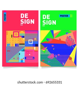 Flat color covers set. Colorful geometric shapes with typography poster design template. Trendy design and colorful summer theme. 