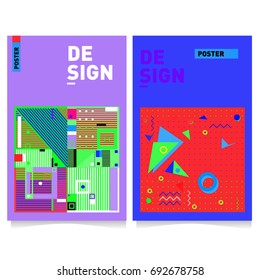 Flat color covers set. Colorful geometric shapes with typography poster design template. Trendy design and colorful summer theme. 