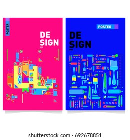 Flat color covers set. Colorful geometric shapes with typography poster design template. Trendy design and colorful summer theme. 