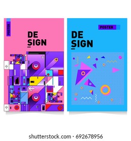 Flat color covers set. Colorful geometric shapes with typography poster design template. Trendy design and colorful summer theme. 