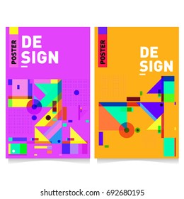 Flat color covers set. Colorful geometric shapes with typography poster design template. Trendy design and colorful summer theme. 