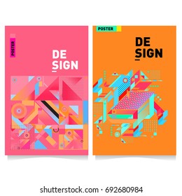 Flat color covers set. Colorful geometric shapes with typography poster design template. Trendy design and colorful summer theme. 