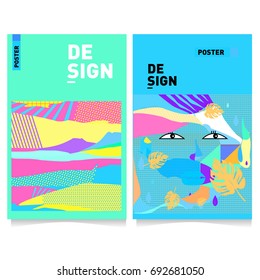 Flat color covers set. Colorful geometric shapes with typography poster design template. Trendy design and colorful summer theme. 