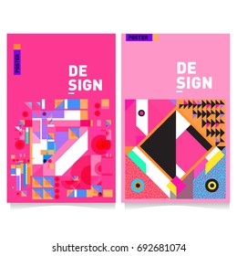 Flat color covers set. Colorful geometric shapes with typography poster design template. Trendy design and colorful summer theme. 
