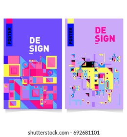 Flat color covers set. Colorful geometric shapes with typography poster design template. Trendy design and colorful summer theme. 