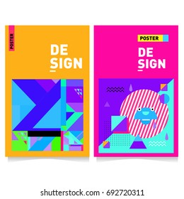 Flat color covers set. Colorful geometric shapes with typography poster design template. Trendy design and colorful summer theme. 