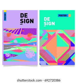 Flat color covers set. Colorful geometric shapes with typography poster design template. Trendy design and colorful summer theme. 
