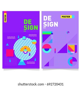 Flat color covers set. Colorful geometric shapes with typography poster design template. Trendy design and colorful summer theme. 