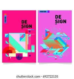 Flat color covers set. Colorful geometric shapes with typography poster design template. Trendy design and colorful summer theme. 