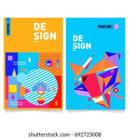 Flat color covers set. Colorful geometric shapes with typography poster design template. Trendy design and colorful summer theme. 