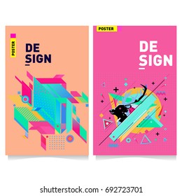 Flat color covers set. Colorful geometric shapes with typography poster design template. Trendy design and colorful summer theme. 