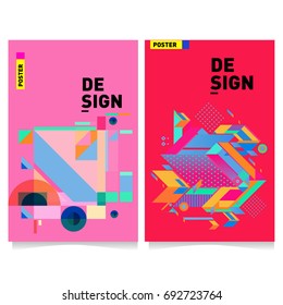 Flat color covers set. Colorful geometric shapes with typography poster design template. Trendy design and colorful summer theme. 
