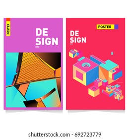 Flat color covers set. Colorful geometric shapes with typography poster design template. Trendy design and colorful summer theme. 