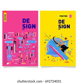 Flat color covers set. Colorful geometric shapes with typography poster design template. Trendy design and colorful summer theme. 